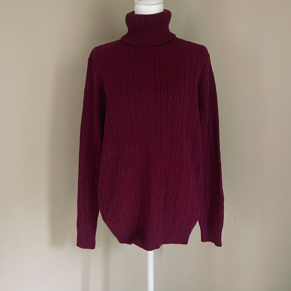 Eddie Bauer Womens XL Cotton Wine Cable Knit Turtleneck Sweater Fisherman